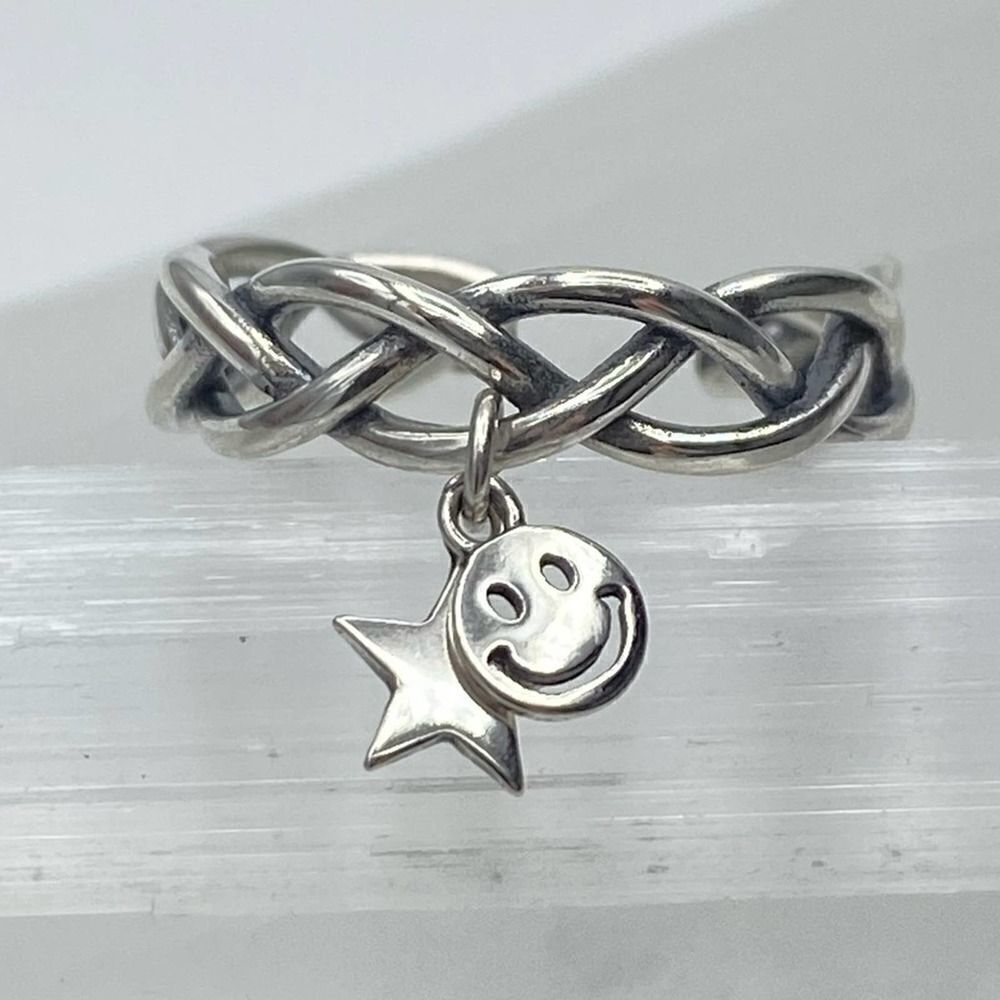 Star and Smile Face Dangle Sterling Silver Retro Ring Adjustable